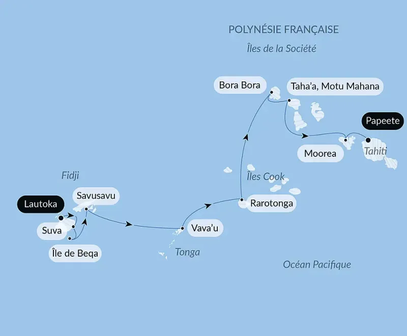 Voyage entre îles de la Société, îles Cook, Tonga et Fidji - Carte
